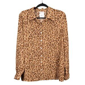 Leopard Print Button Up Shirt 14 Womens NEW Blouse Brown Boho Safari Fred David